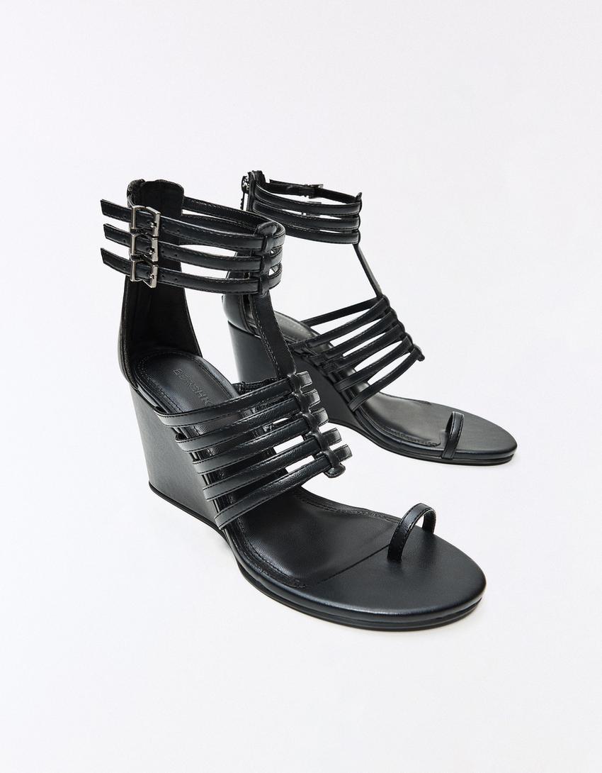 Multi-strap wedge sandal-BLACK