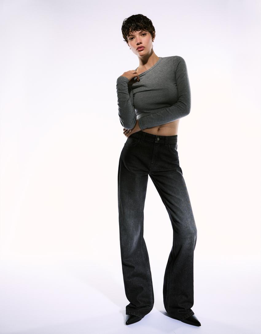 Blugi wide leg straight-Negru-0