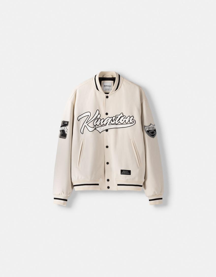Faux suede embroidered bomber jacket-Off white-5