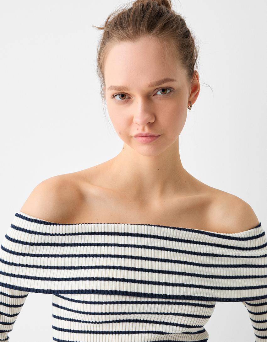 Camisola bardot com dobra e riscas-Cru-2