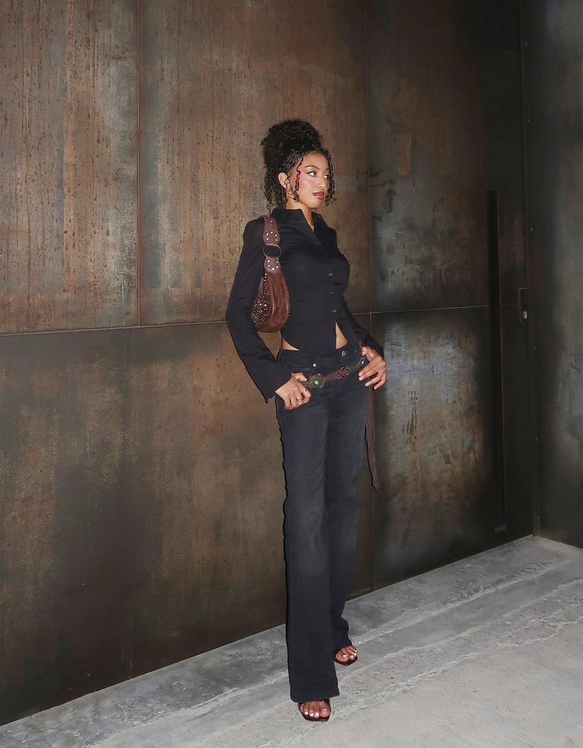 Jeans bootcut tiro baixo-Gris