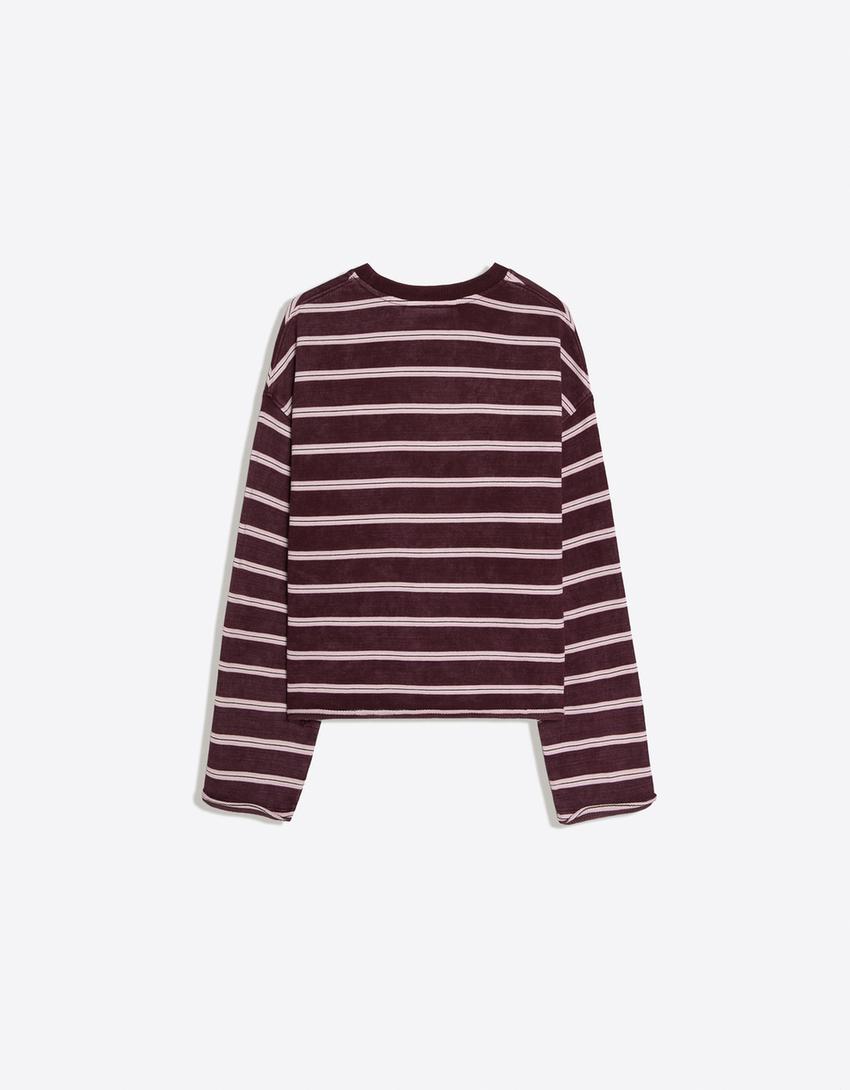 Striped round neck sweatshirt-Burgundy