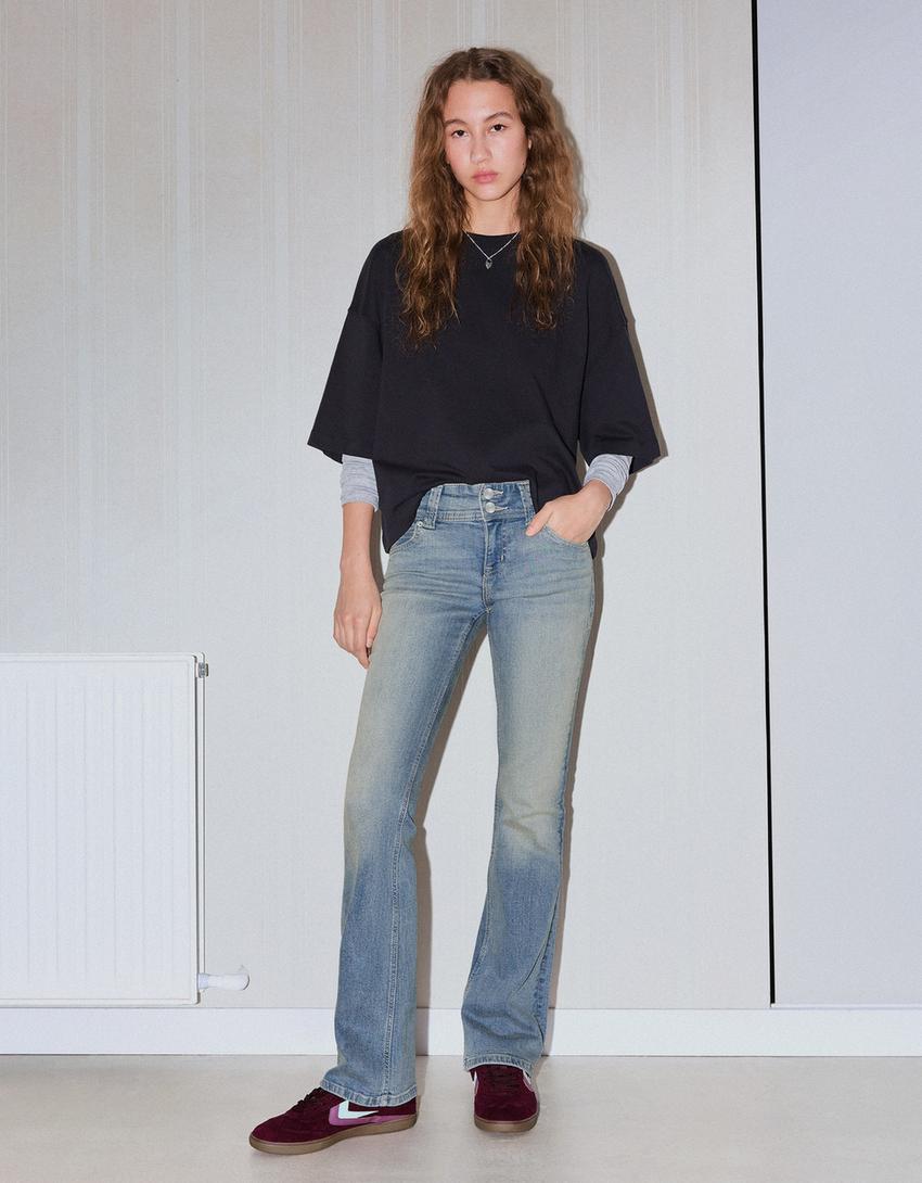 Jeans bootcut à rabats-Bleu lavé