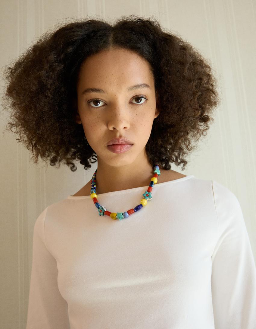 T-shirt met boothals-Ecru