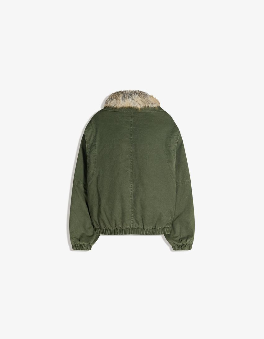 Jacket with faux fur collar-Khaki