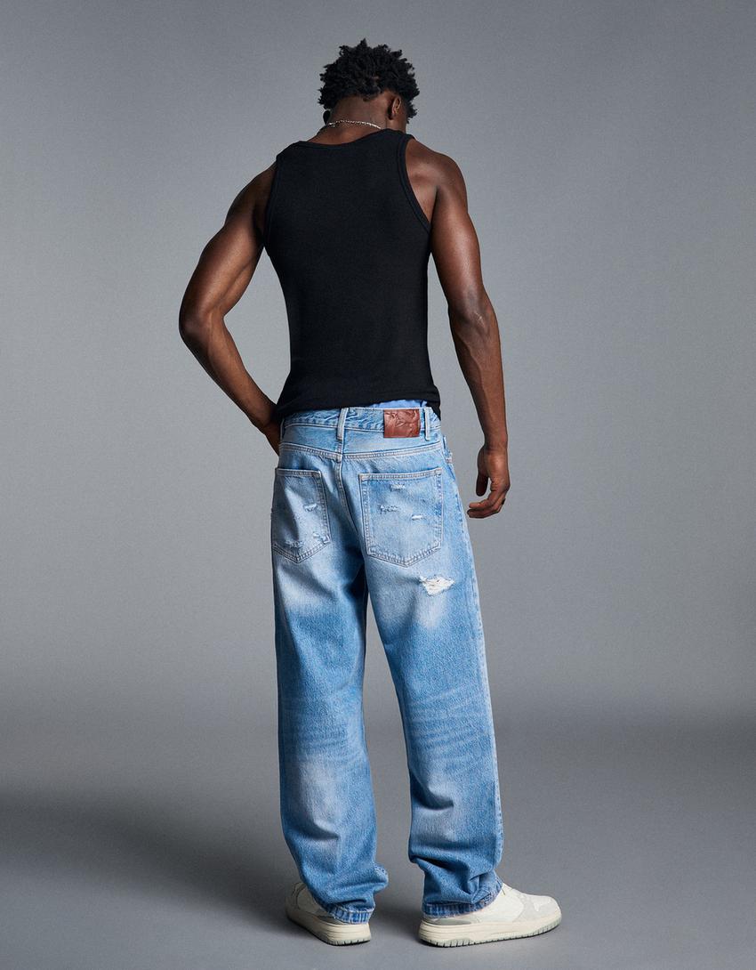 Straight-Jeans mit weitem Bein und Rissen-Ausgewaschenes Blau