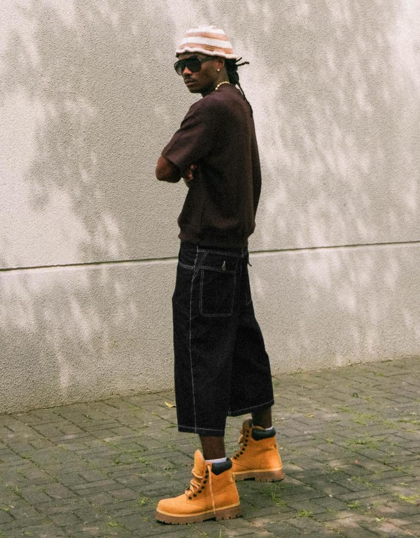 Super baggy denim Bermuda shorts-Black