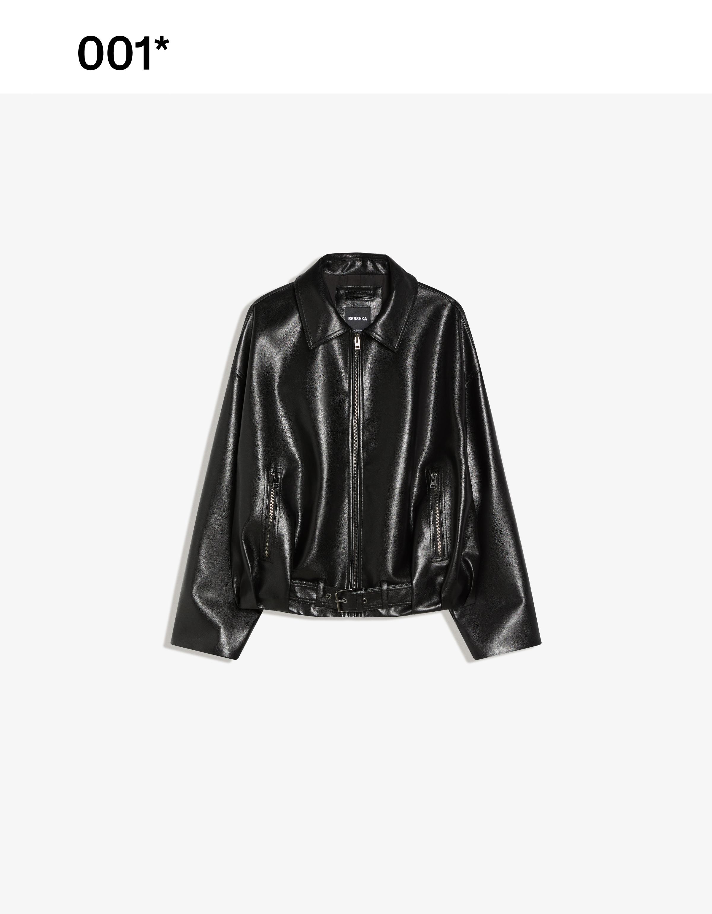 Leather effect bomber jacket with belt — Black