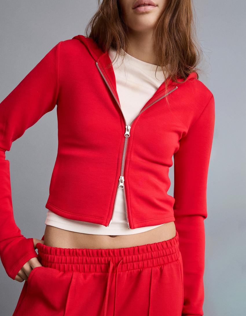 Hoodie ritsleting lembut dengan modal tudung-Merah