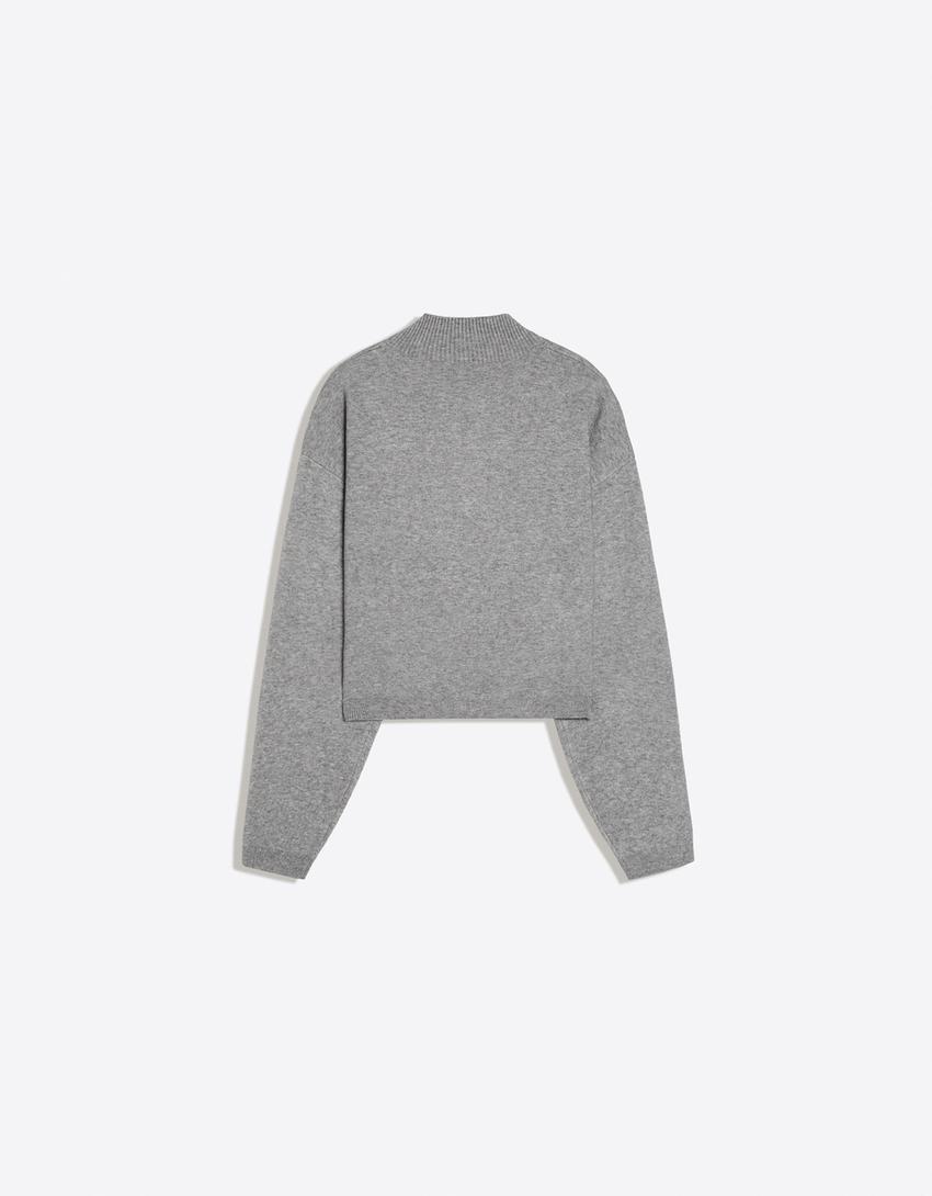 Maglia con zip e ricamo-Grigio