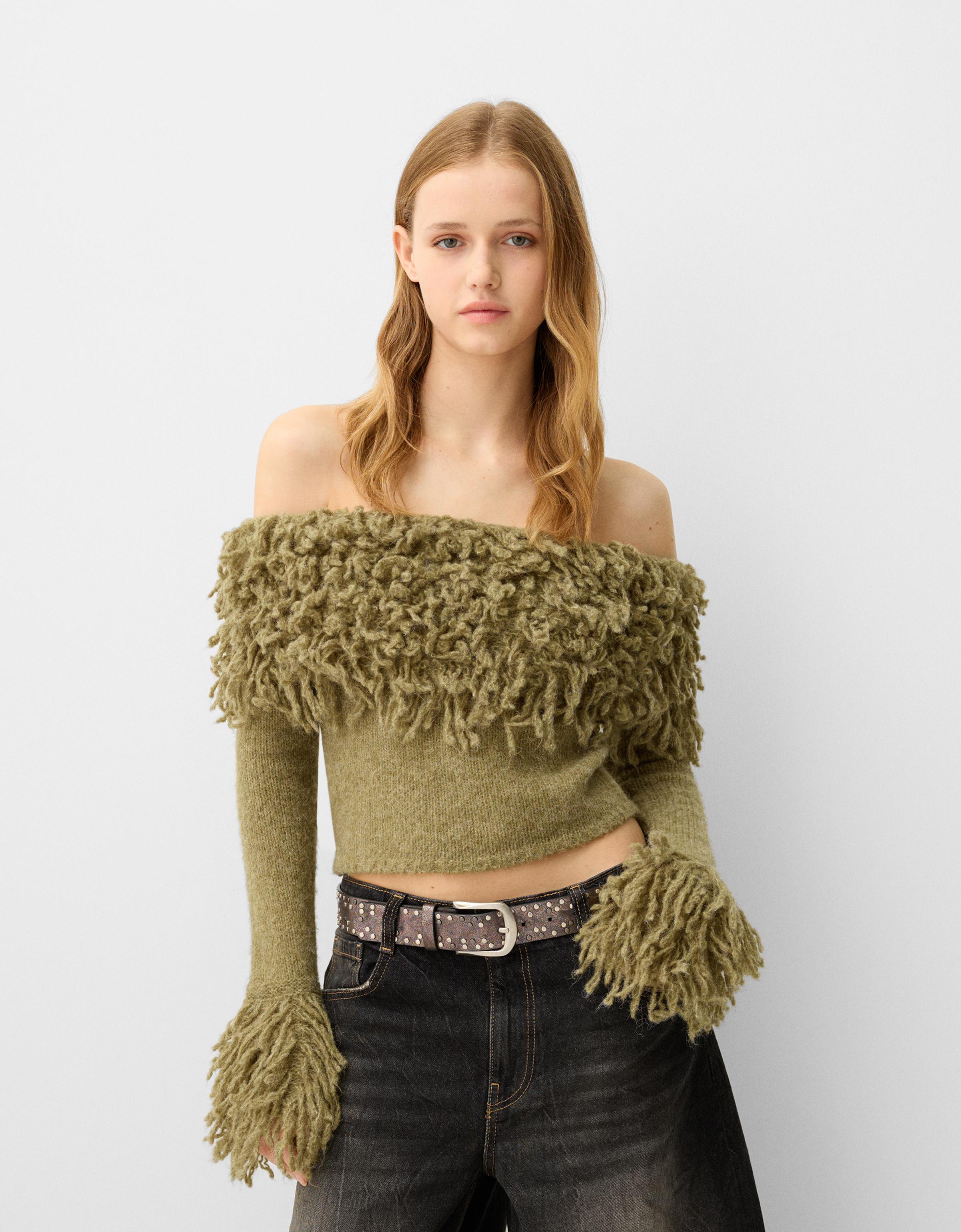 Faux fur ruffle sweater best sale