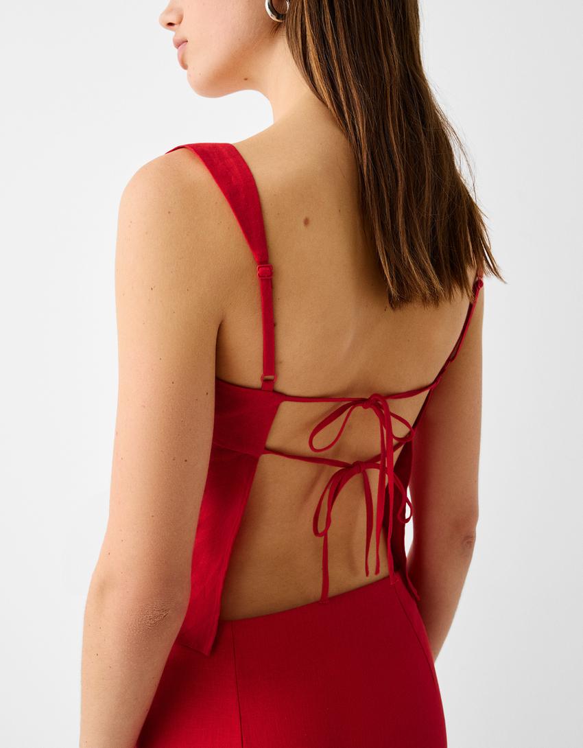 توب قصير كتان بربطة-أحمر-5