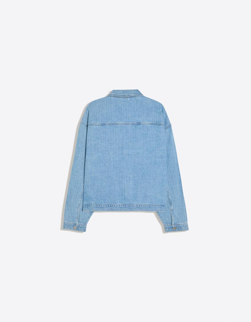 Camicia in denim con texture a quadri-Azzurro Chiaro