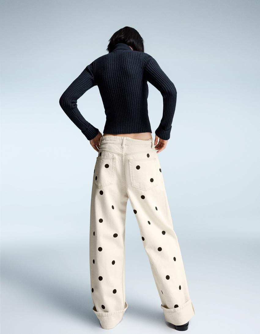 Jeans baggy fit retroussé-Écru
