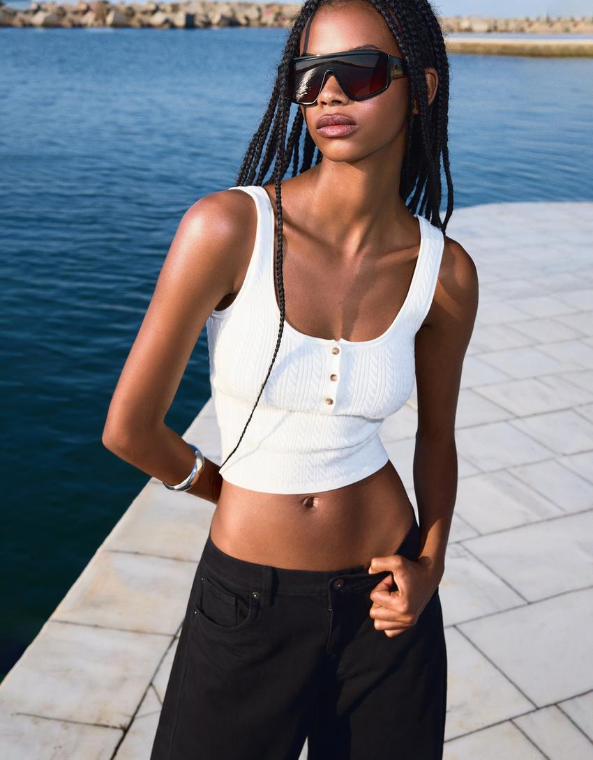 Cable-knit strappy top-Cream