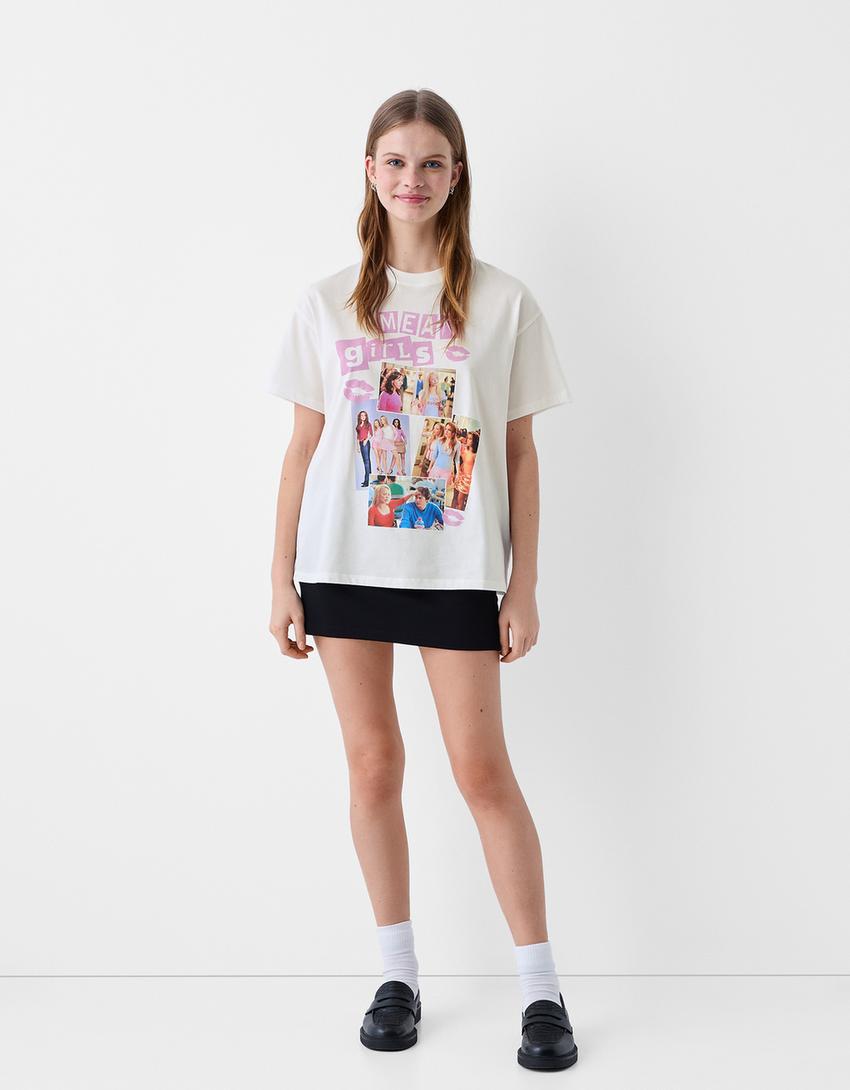 Mean Girls print short sleeve T-shirt-Cream-3