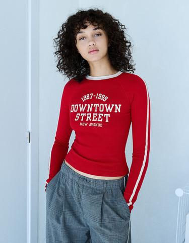 Contrast print long sleeve T-shirt — Red 1
