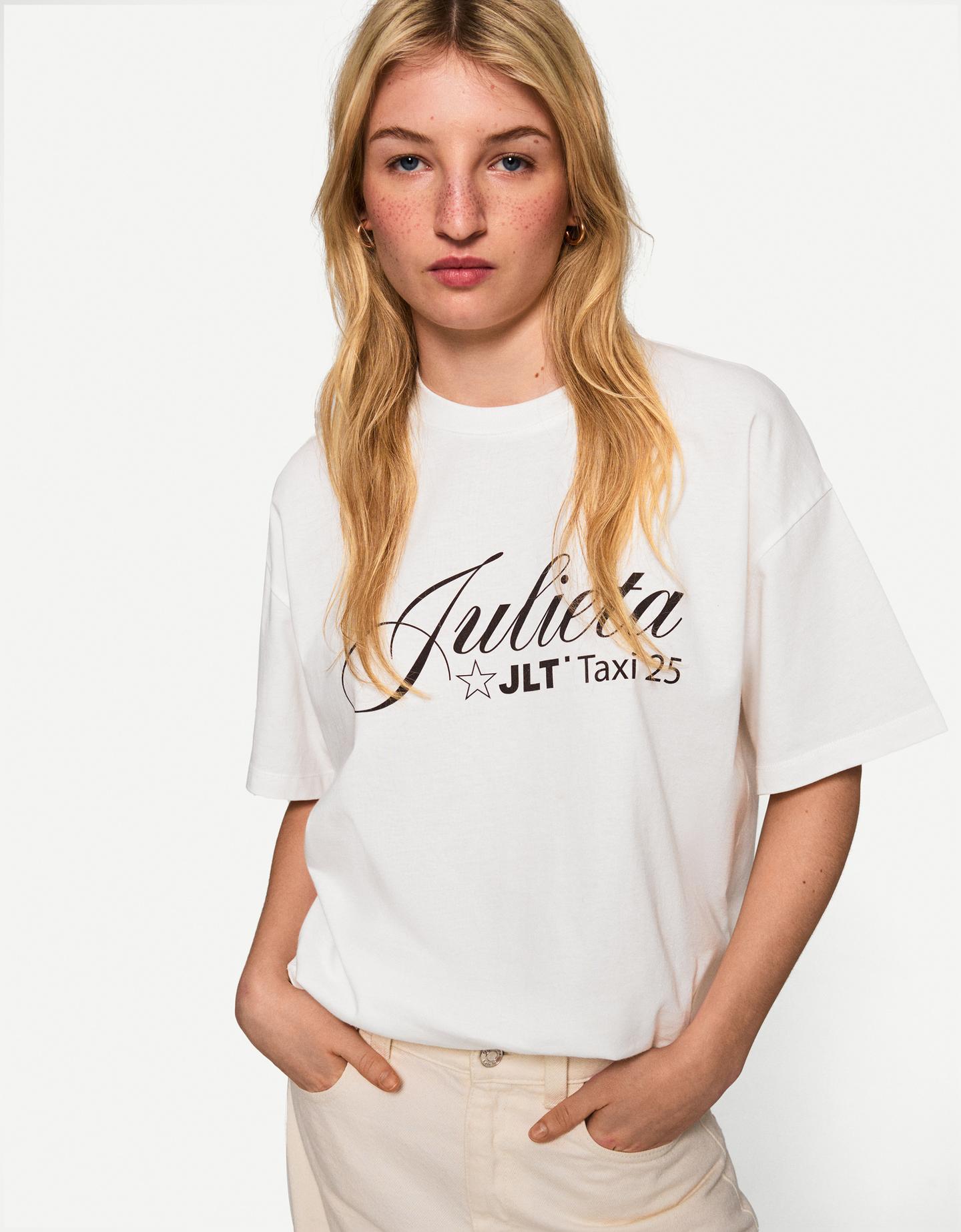 Bershka Camiseta Julieta Manga Corta Print Mujer Xs Blanco Roto