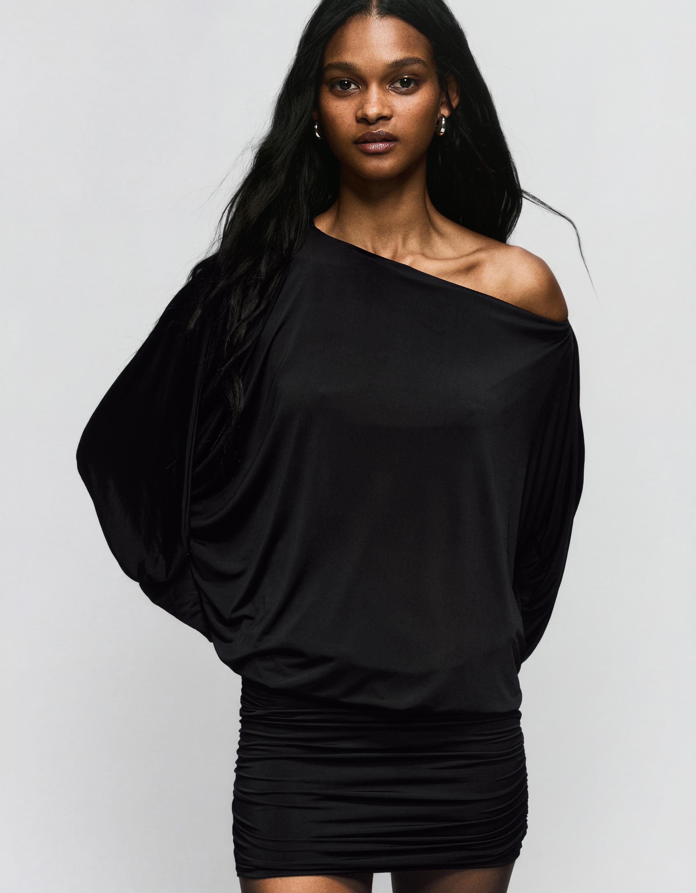 Asimetrik yaka mini elbise - Görsel 18