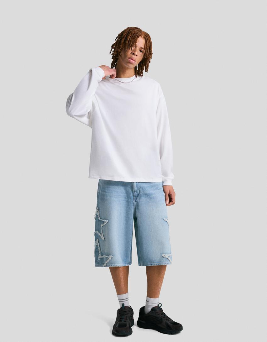 Denim bermuda shorts with patches-Light blue