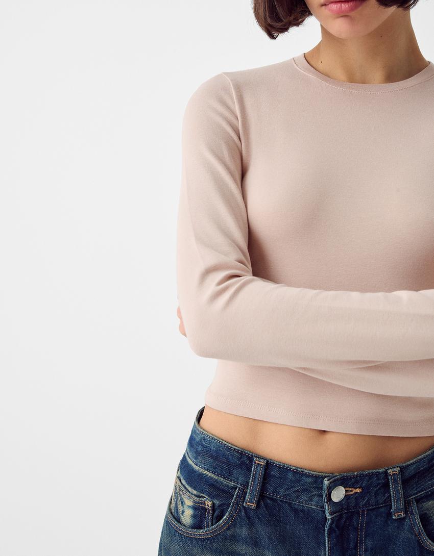 Uzun kollu bisiklet yaka t-shirt-Kum rengi-2