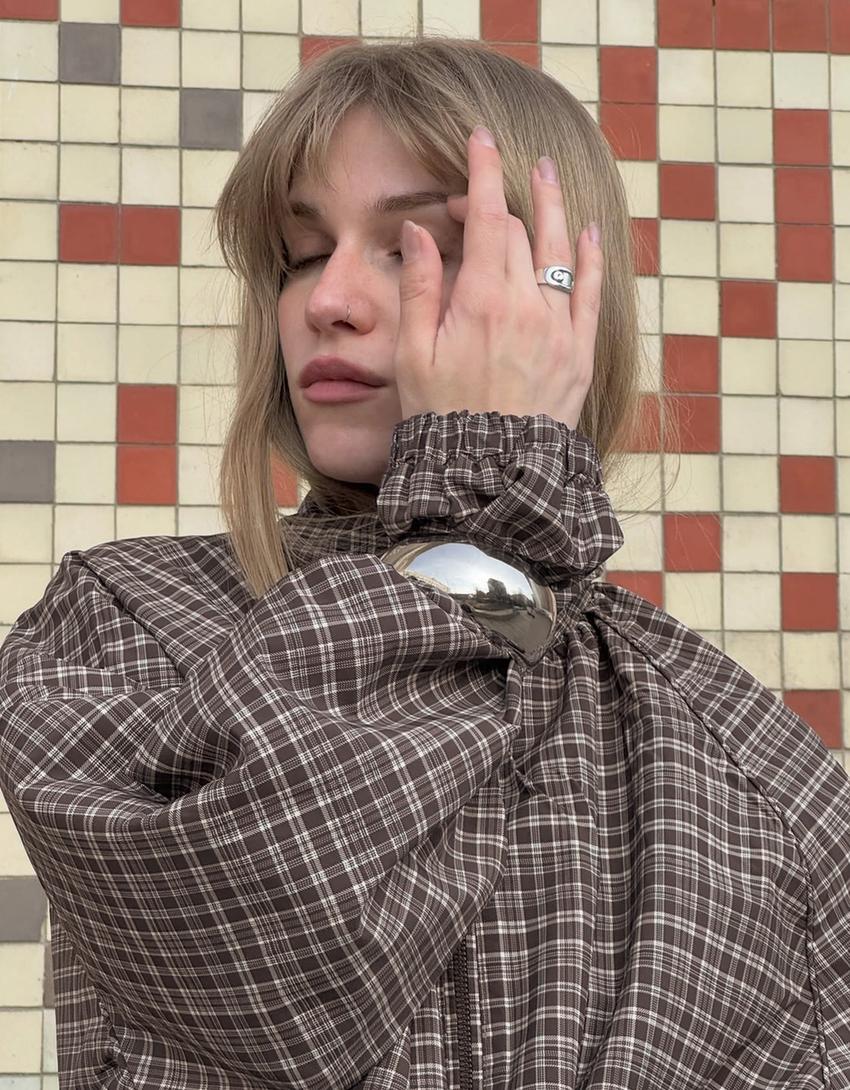 Oversize check zip-up jacket-Brown