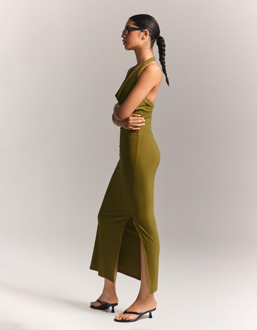 Robe midi encolure américaine-Kaki