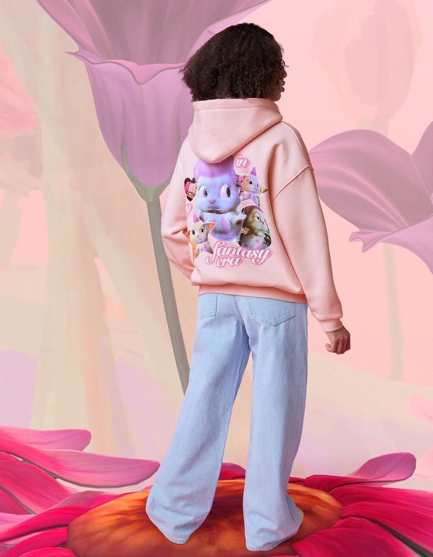 Bibble print hood sweatshirt with hood-Pink
