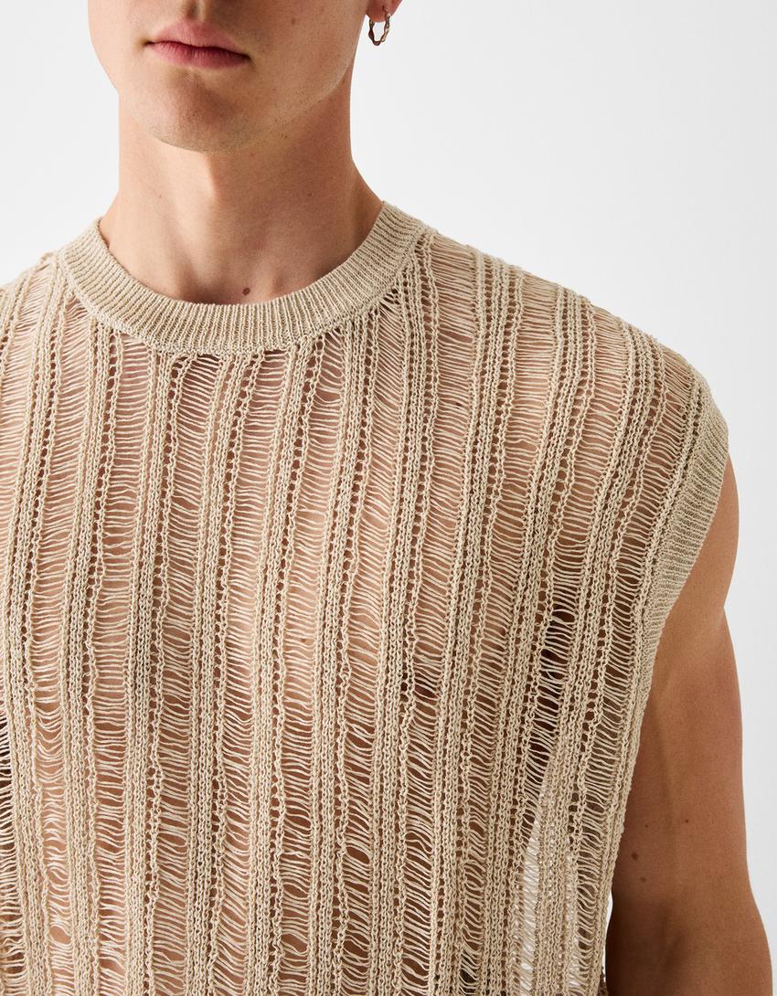 Gilet sans manches cropped mesh-Beige-6