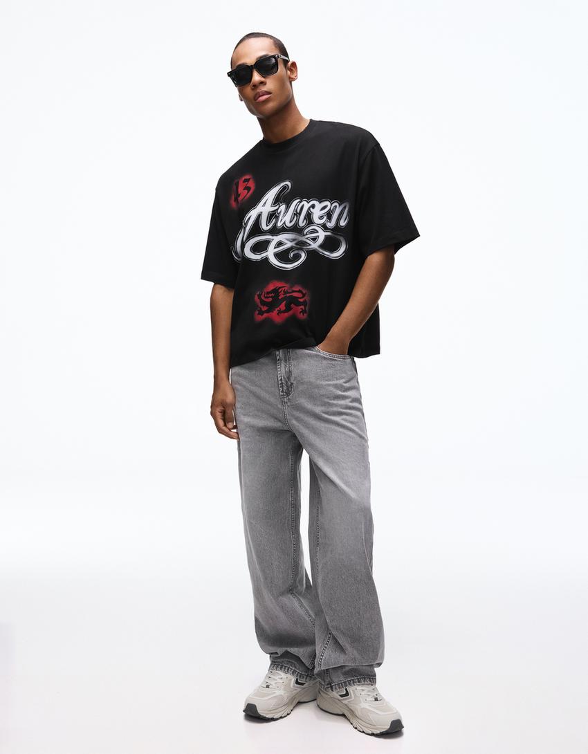 Camiseta manga corta boxy print-Negro