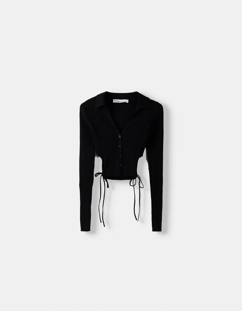 Polo collar cardigan with buttons and gathered side-Black-4