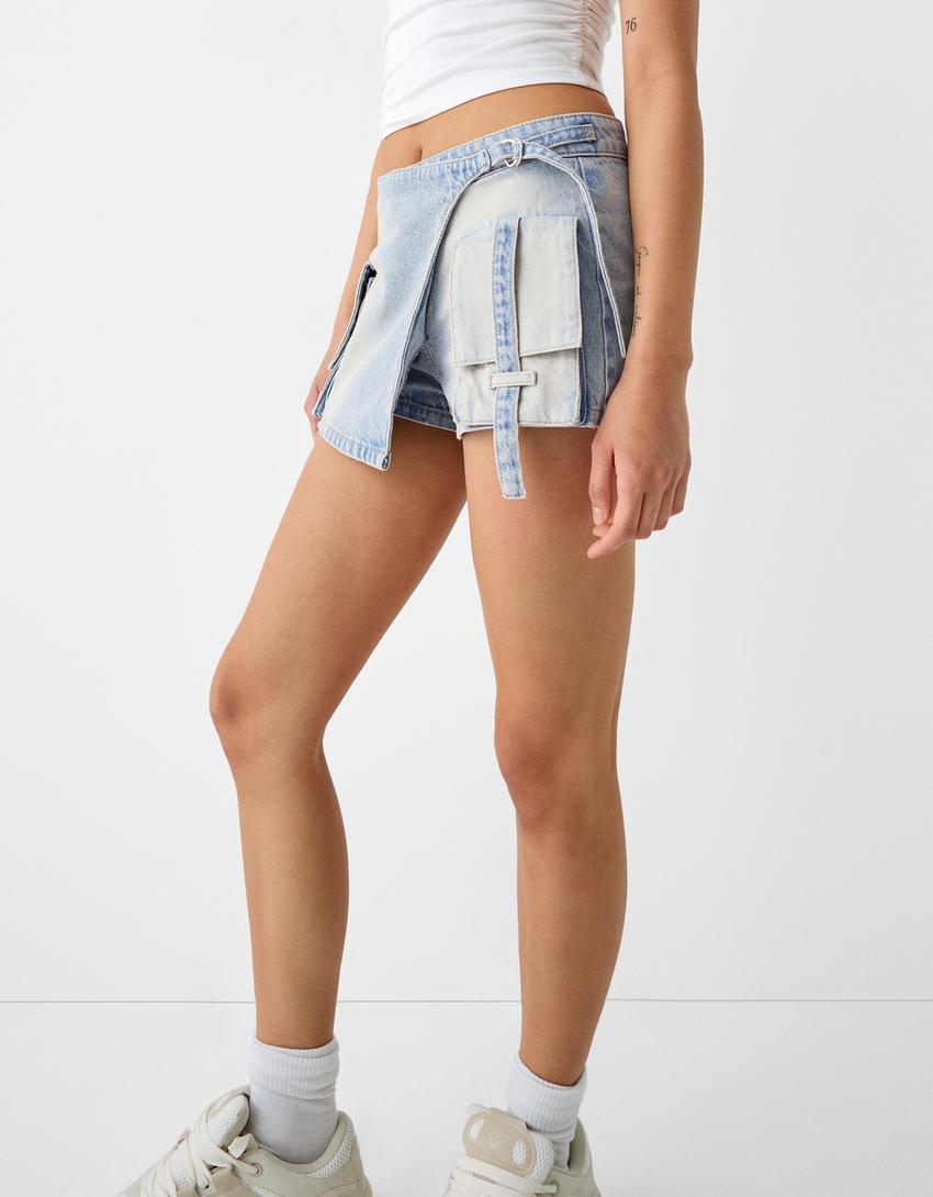 Jupe-culotte cargo denim-Bleu lavé-3