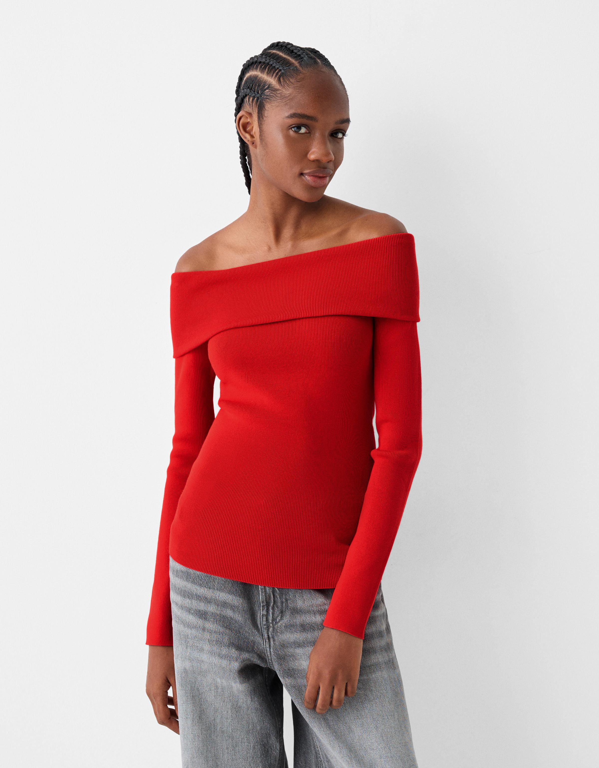 Bershka Pullover Mit Carmen-Ausschnitt Damen Xs Rot