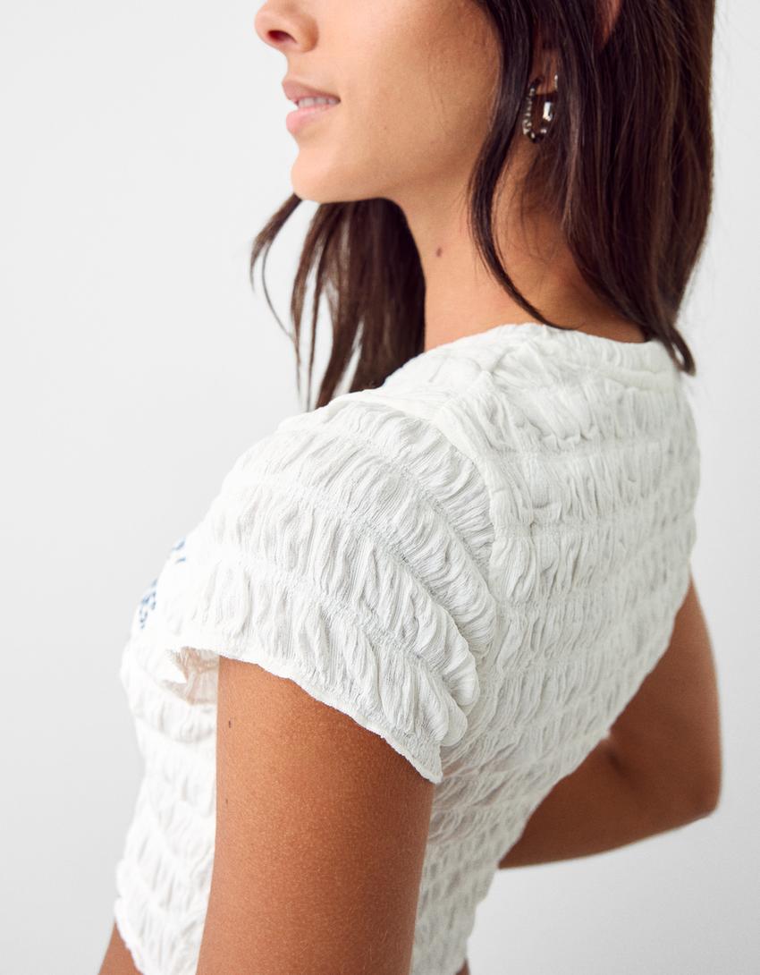 Short sleeve waffle-knit T-shirt with print-Off white-5