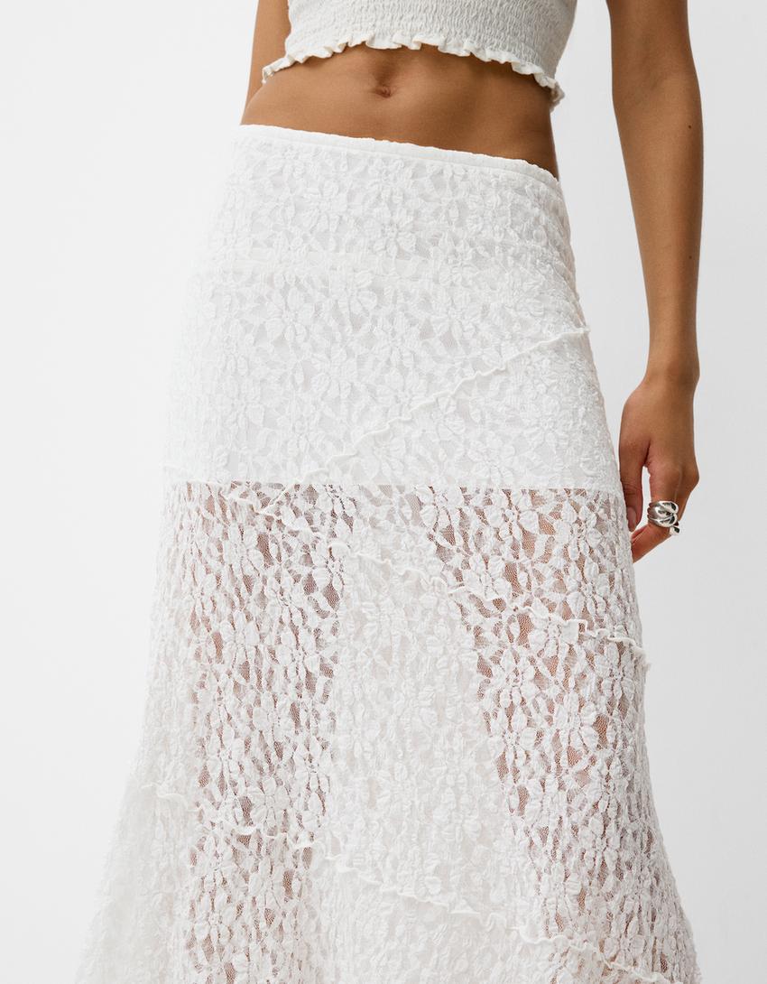 تنورة دانتيل متوسط الطول-أبيض-4
