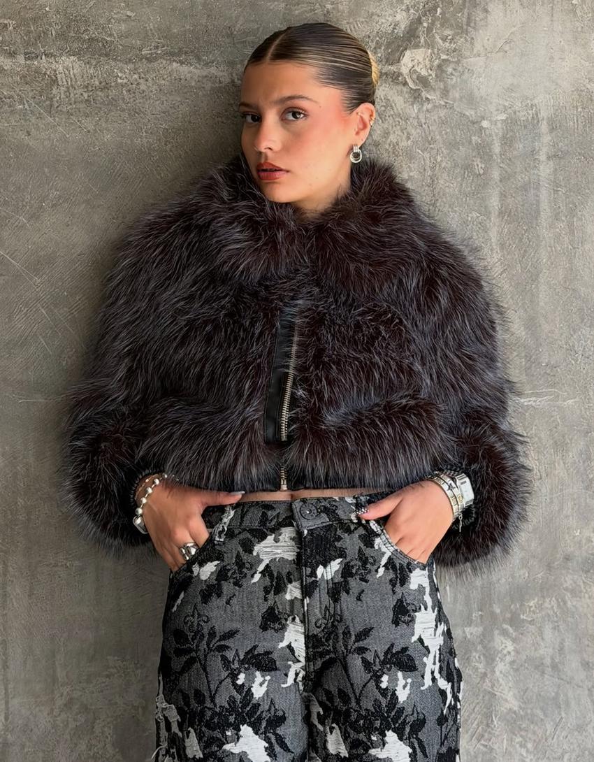 Zip-up faux fur jacket-Grey