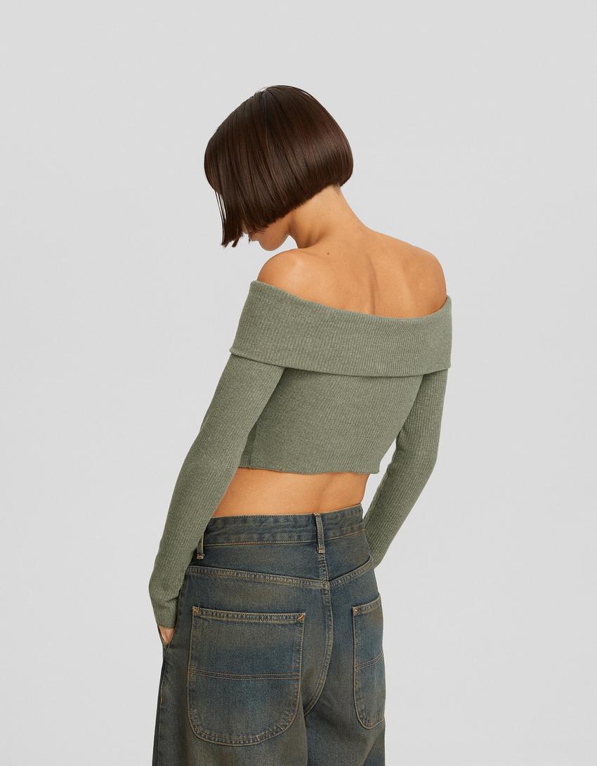 Gilet col Bardot maille fermeture Éclair-Kaki-1