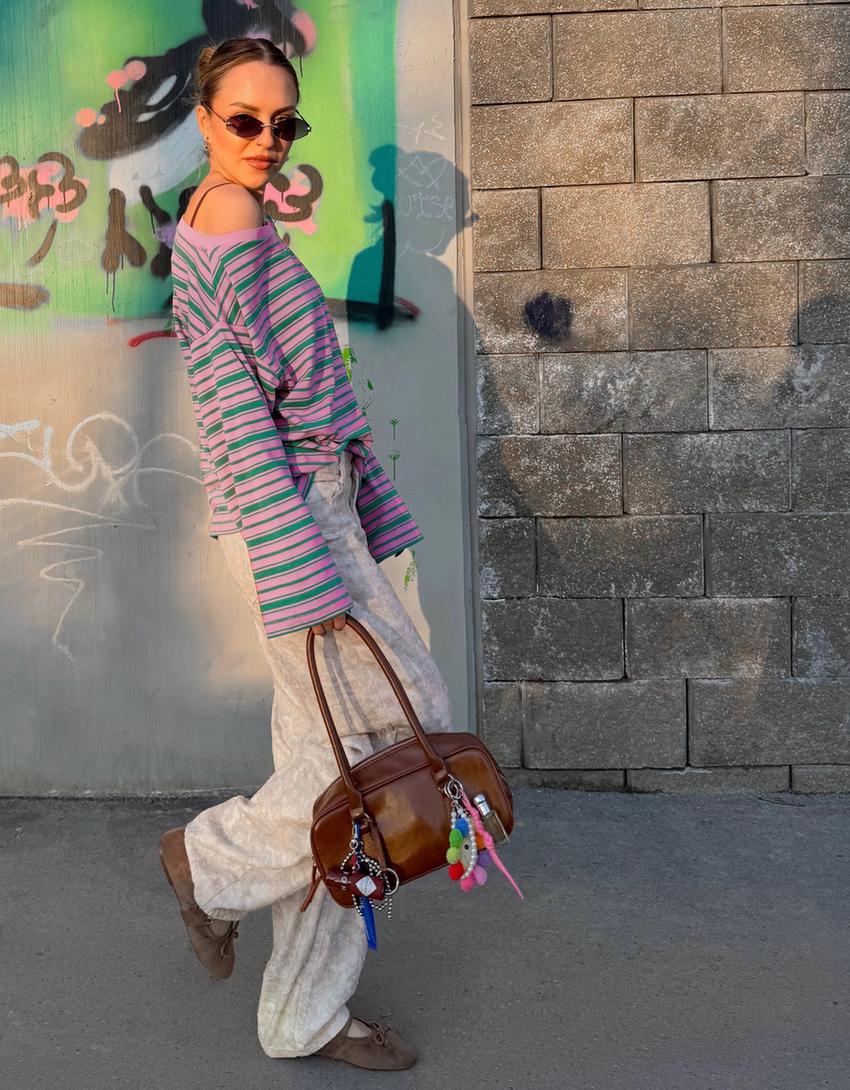 Langarmshirt mit asymmetrischem Kragen und Print-Rosa