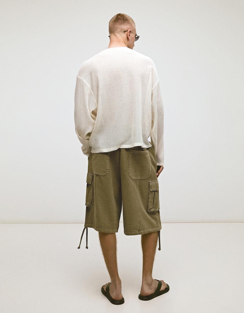 Washed effect cargo jort Bermuda shorts-Khaki