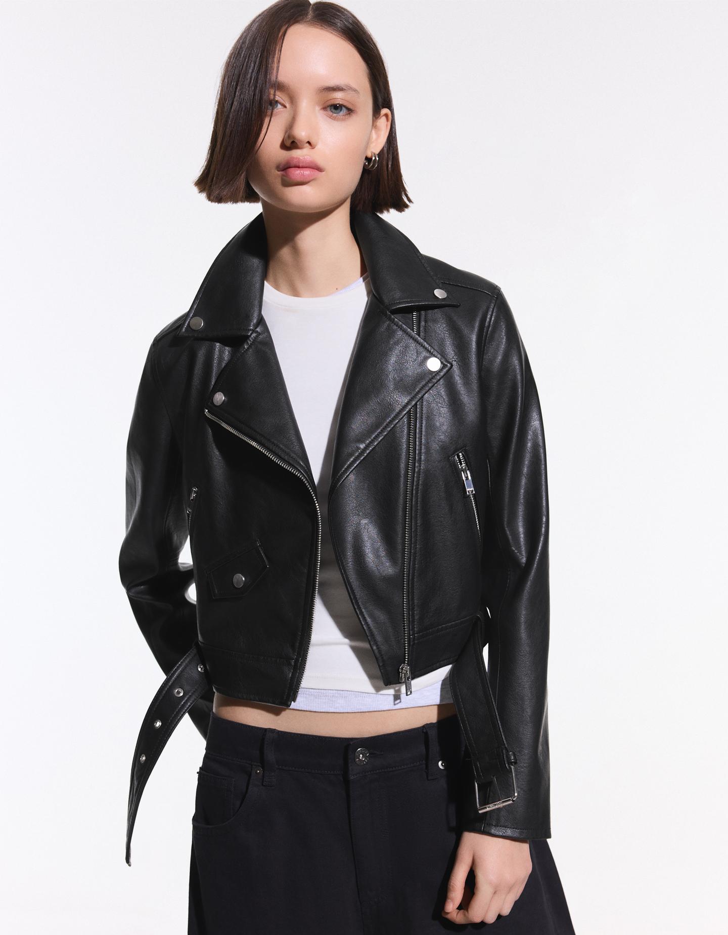 Bershka kurtka biker ze sztucznej skóry czarny