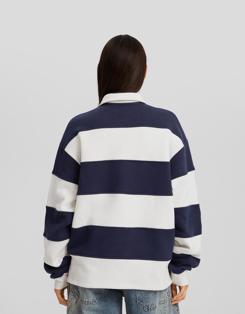 Striped polo collar sweatshirt-Beige