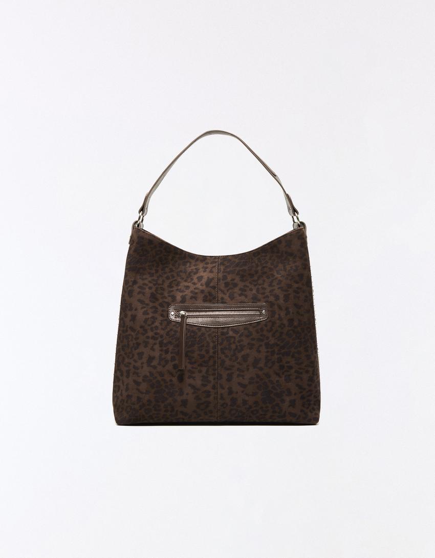 Animal print faux suede tote bag-Brown