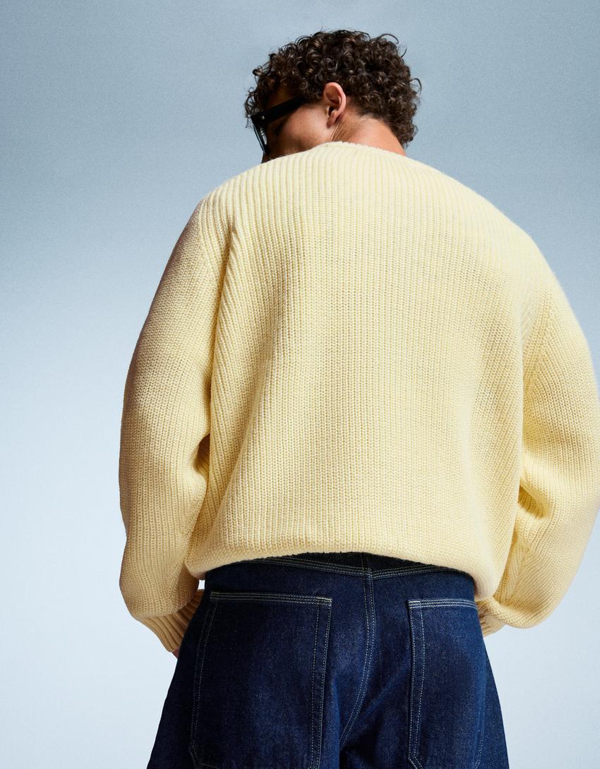 Pull en maille à côtes perlées avec laine-Jaune