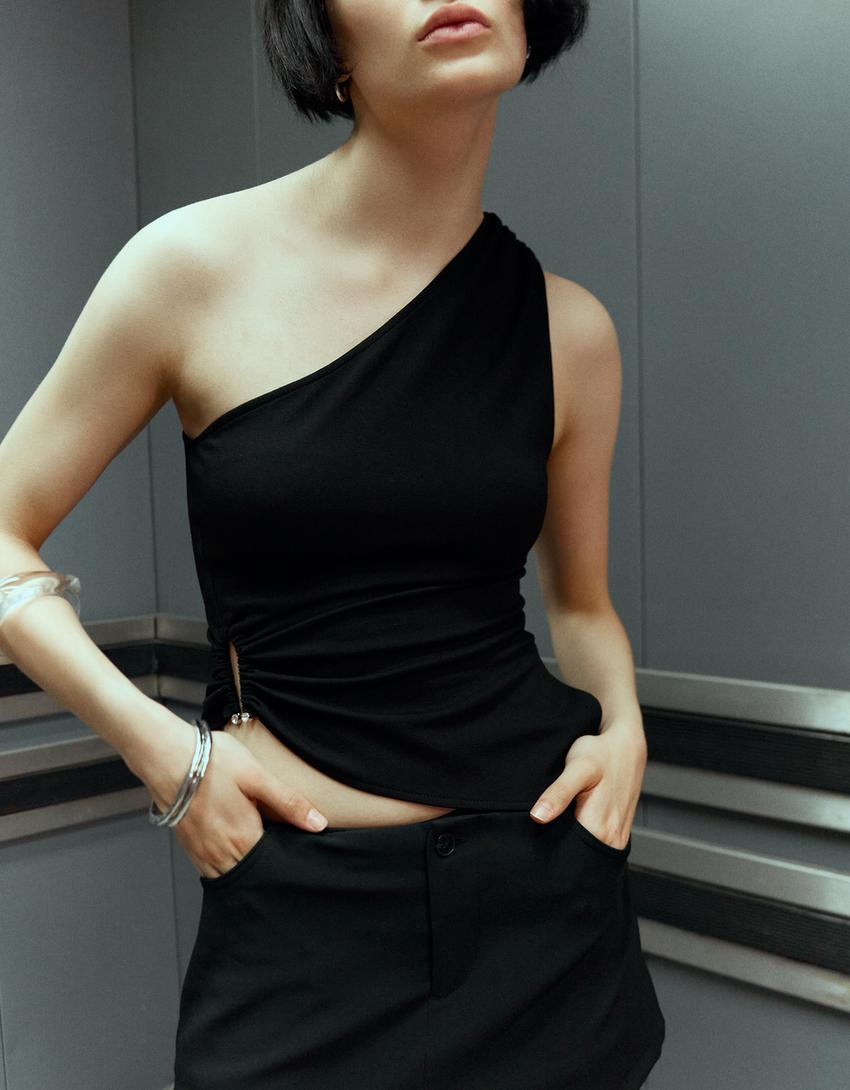 Asymmetric rhinestone top with ring detail-Black