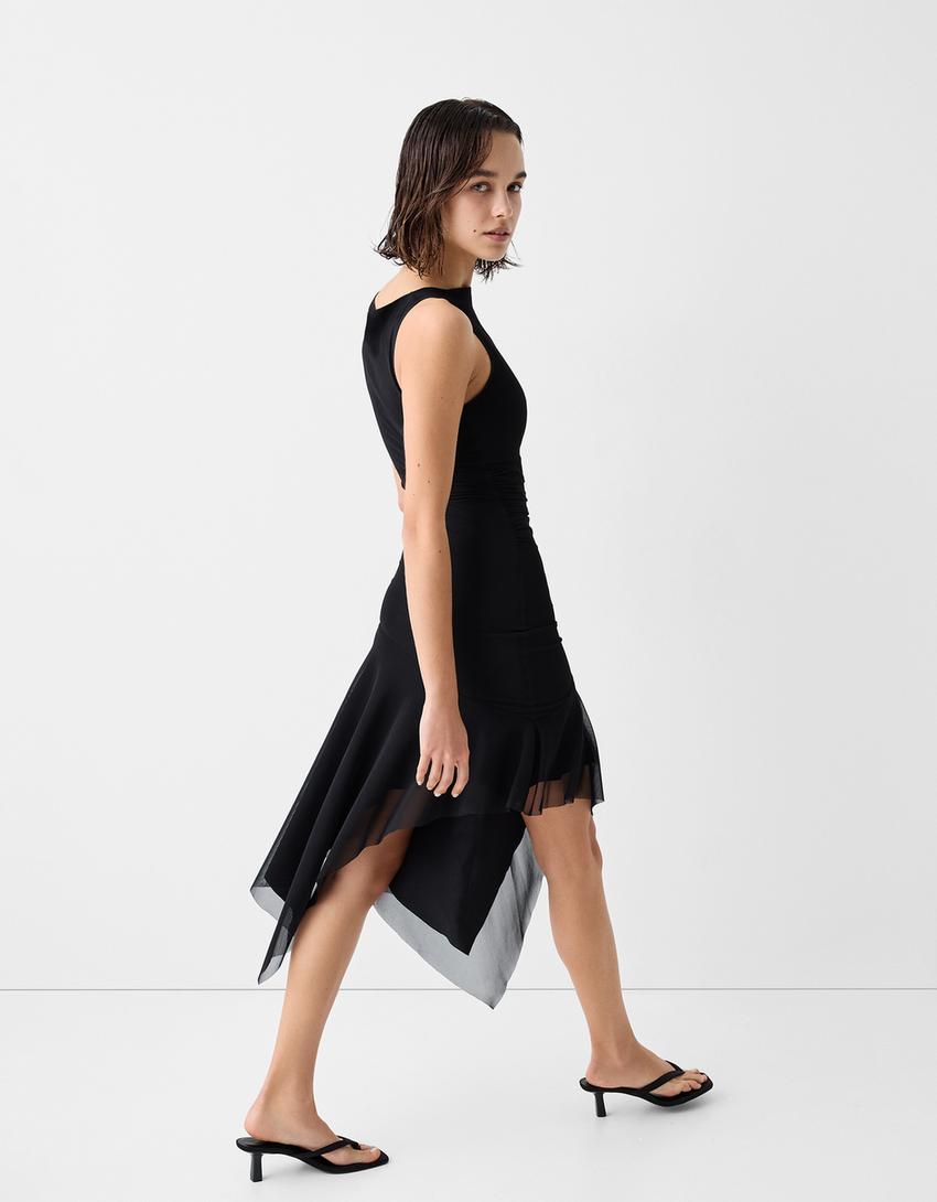 Sleeveless asymmetric tulle midi dress-Black-2