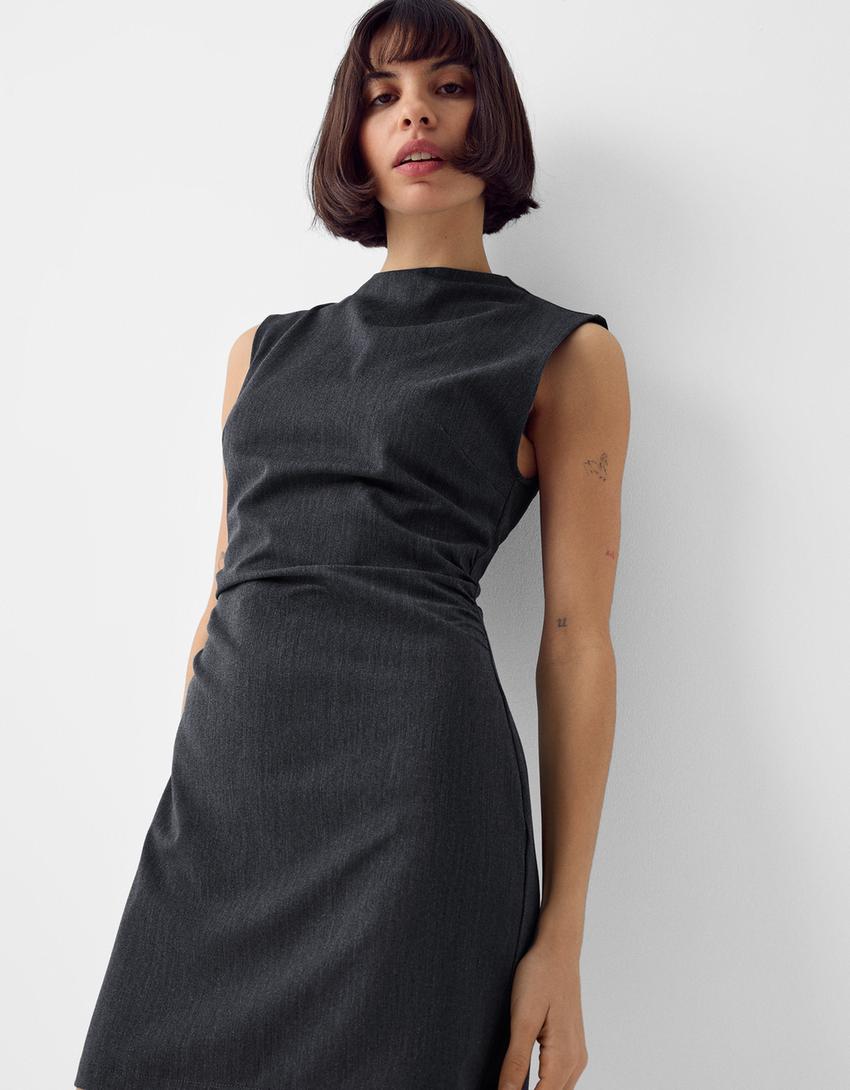 Sleeveless bengaline mini dress-Dark grey-3