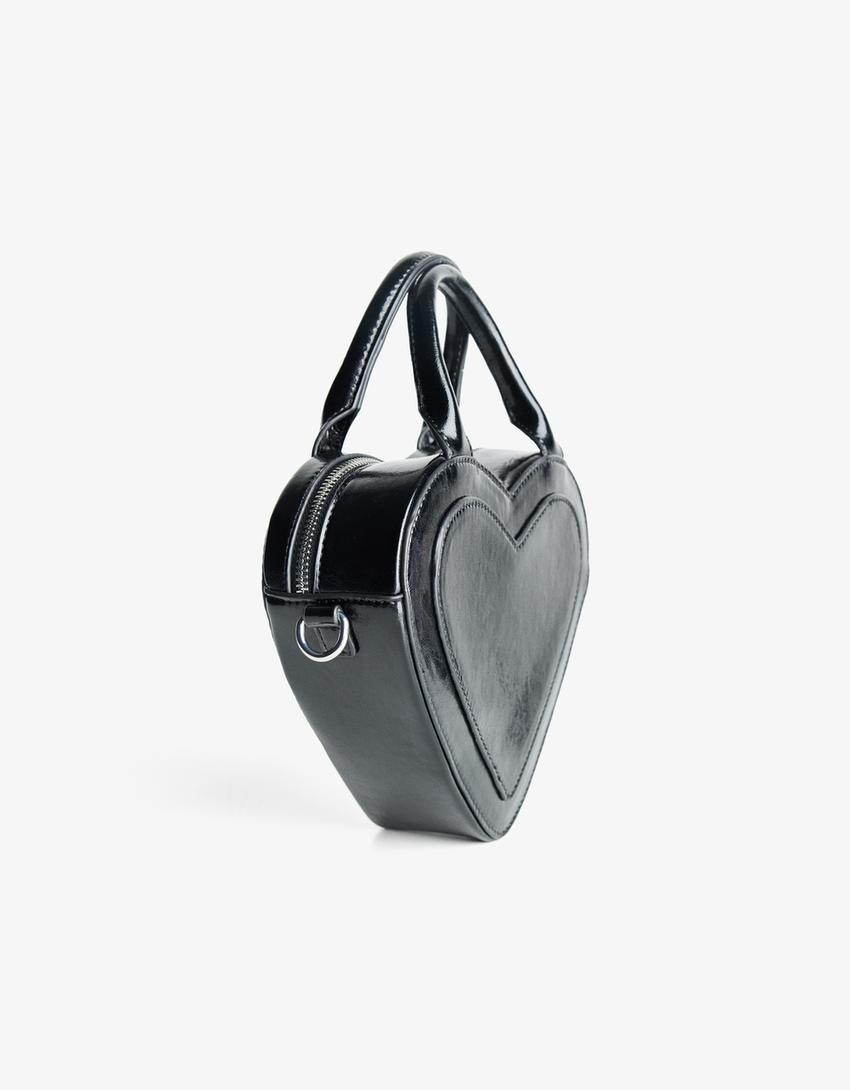 Leather effect heart bag with studs-Black