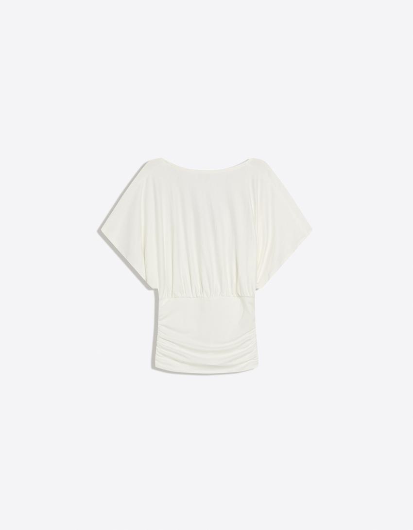 Gathered V-neck T-shirt-White
