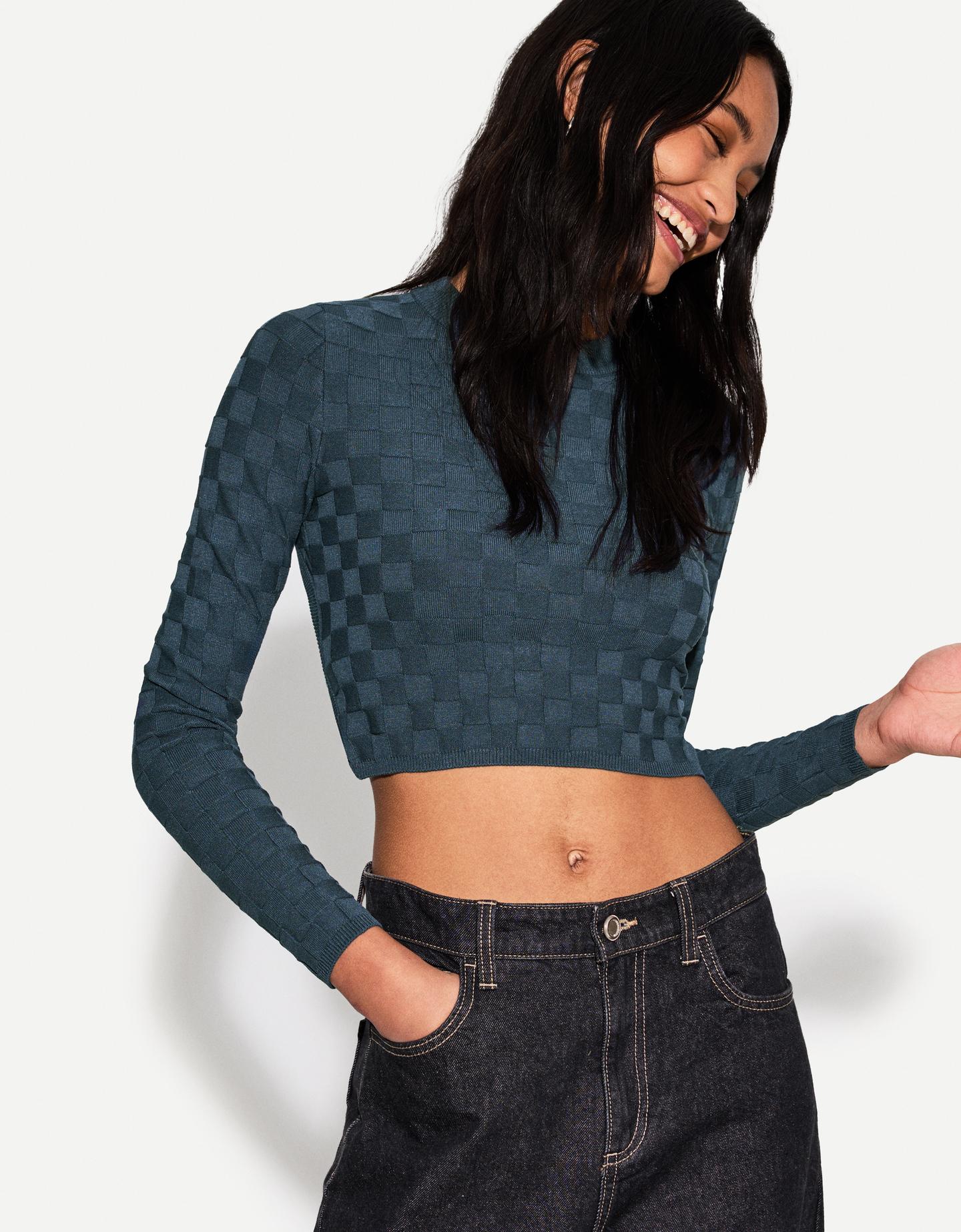 Bershka Pullover Mit Strukturmuster Und Karomuster Damen M Blau günstig online kaufen