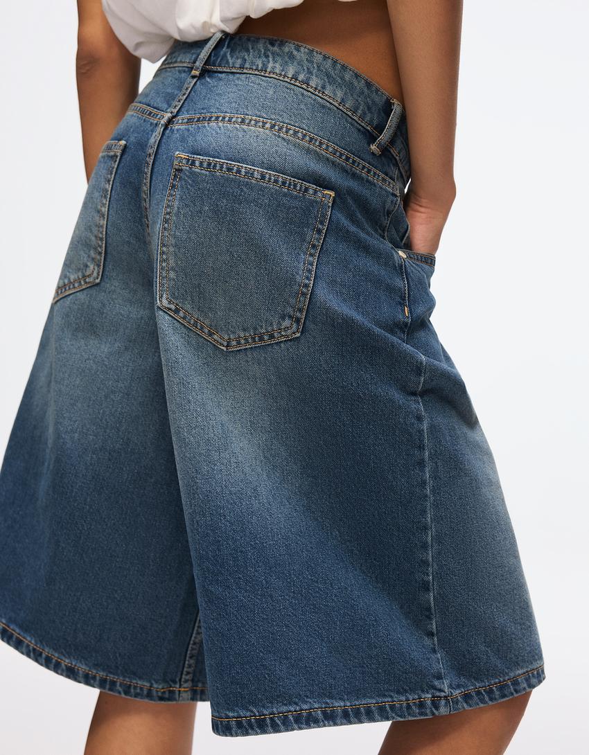 Baggy denim Bermuda shorts-Blue